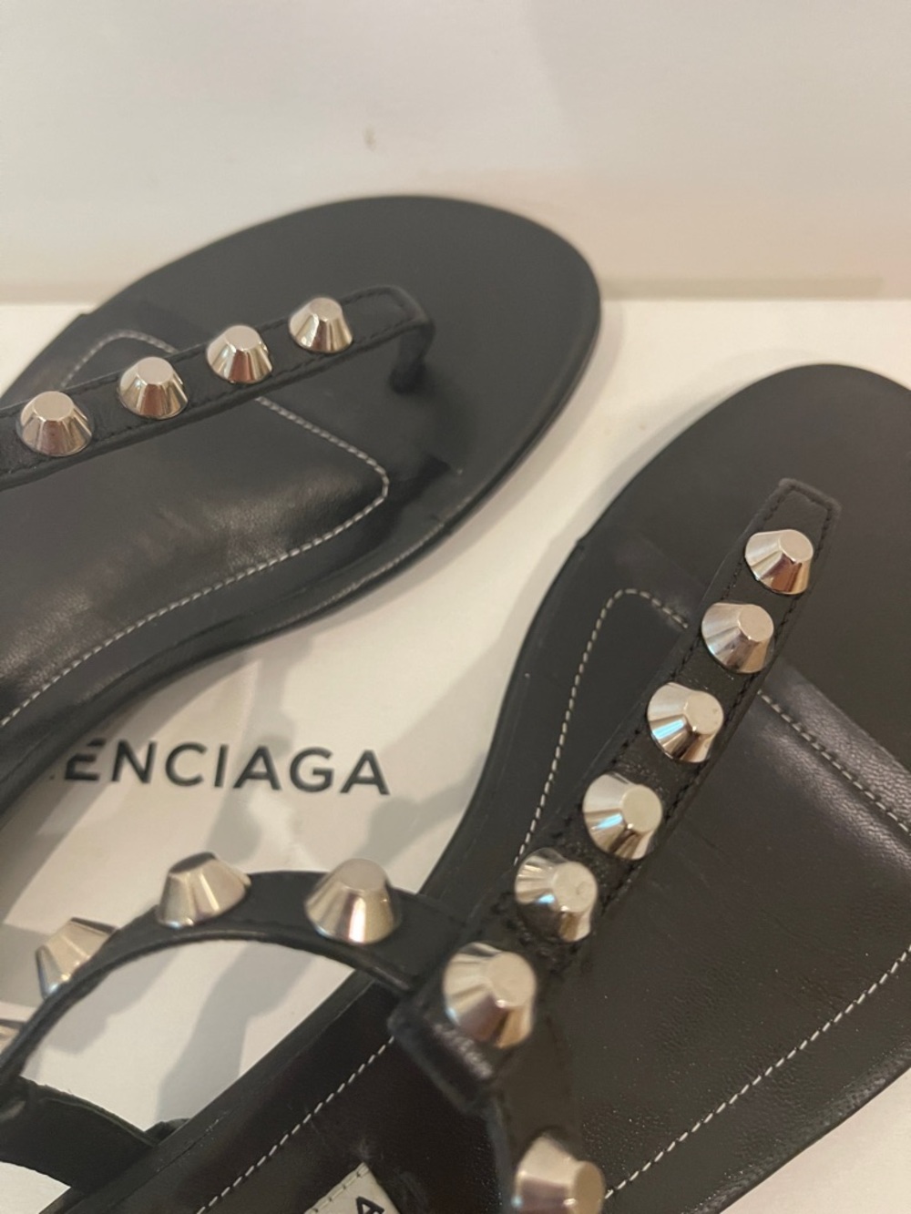 Balenciaga Black Leather Studded T-Strap Sandals - Picture 4 of 11